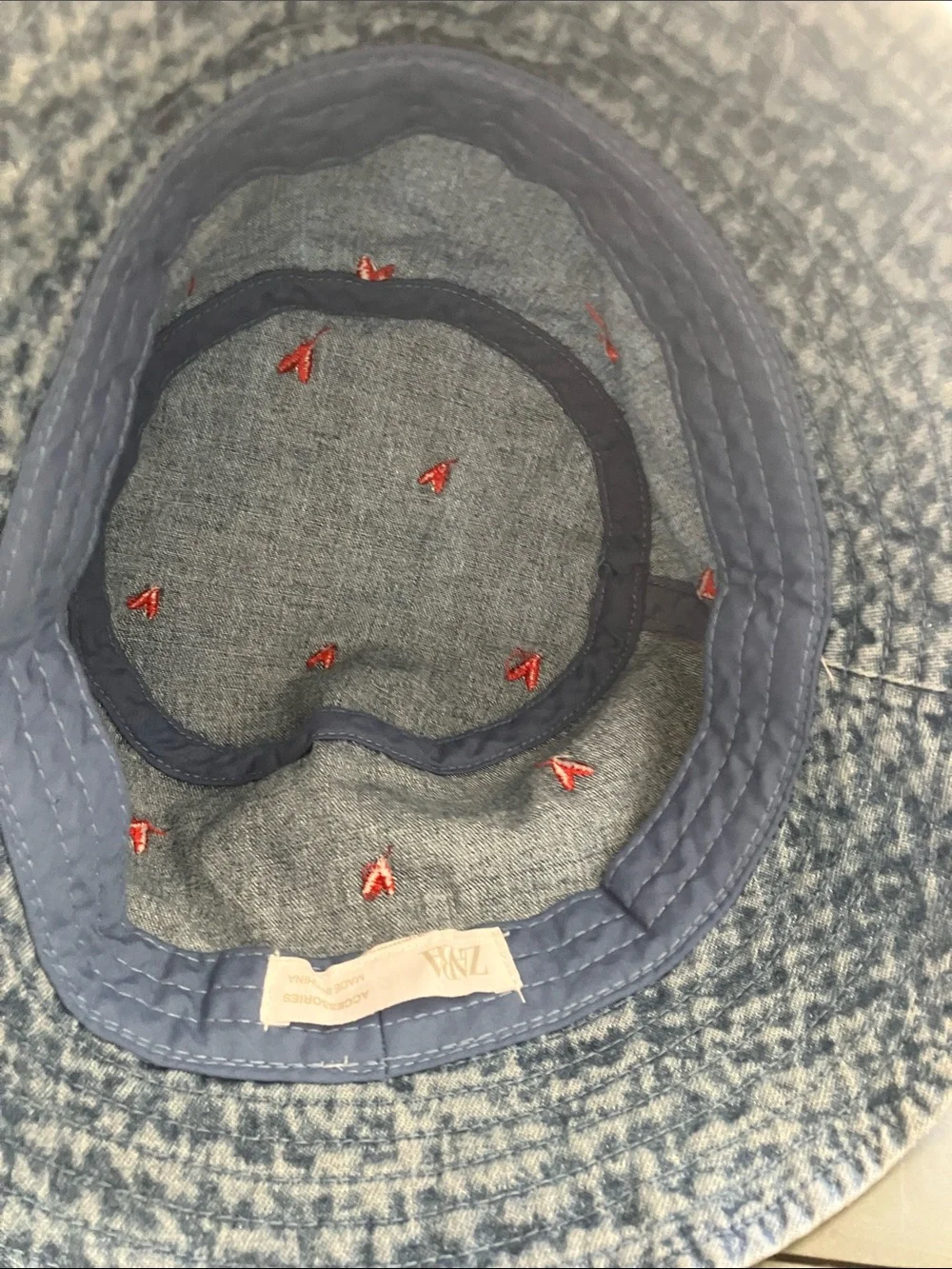 ZARA Kids Faded Denim Bucket Hat w/ Red Heart Embroidery OS Pre-Loved